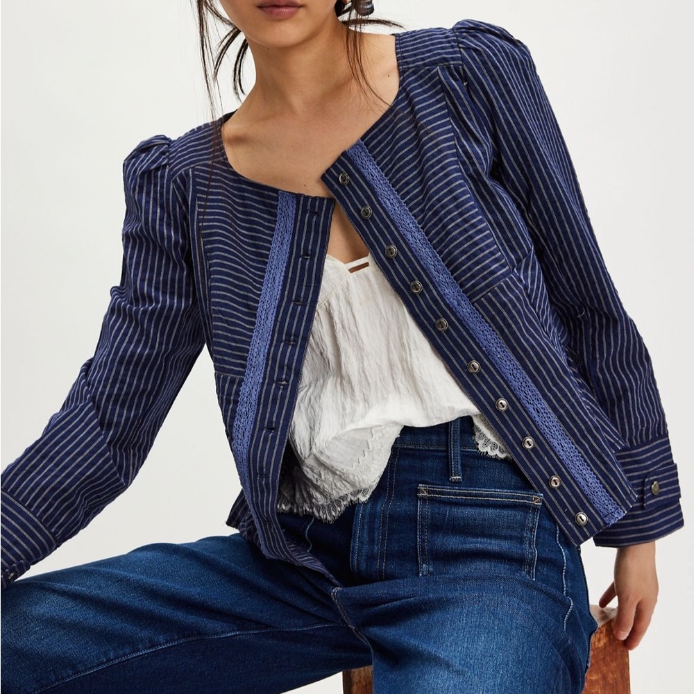 Free People Navy Striped Top with Lace Detail
